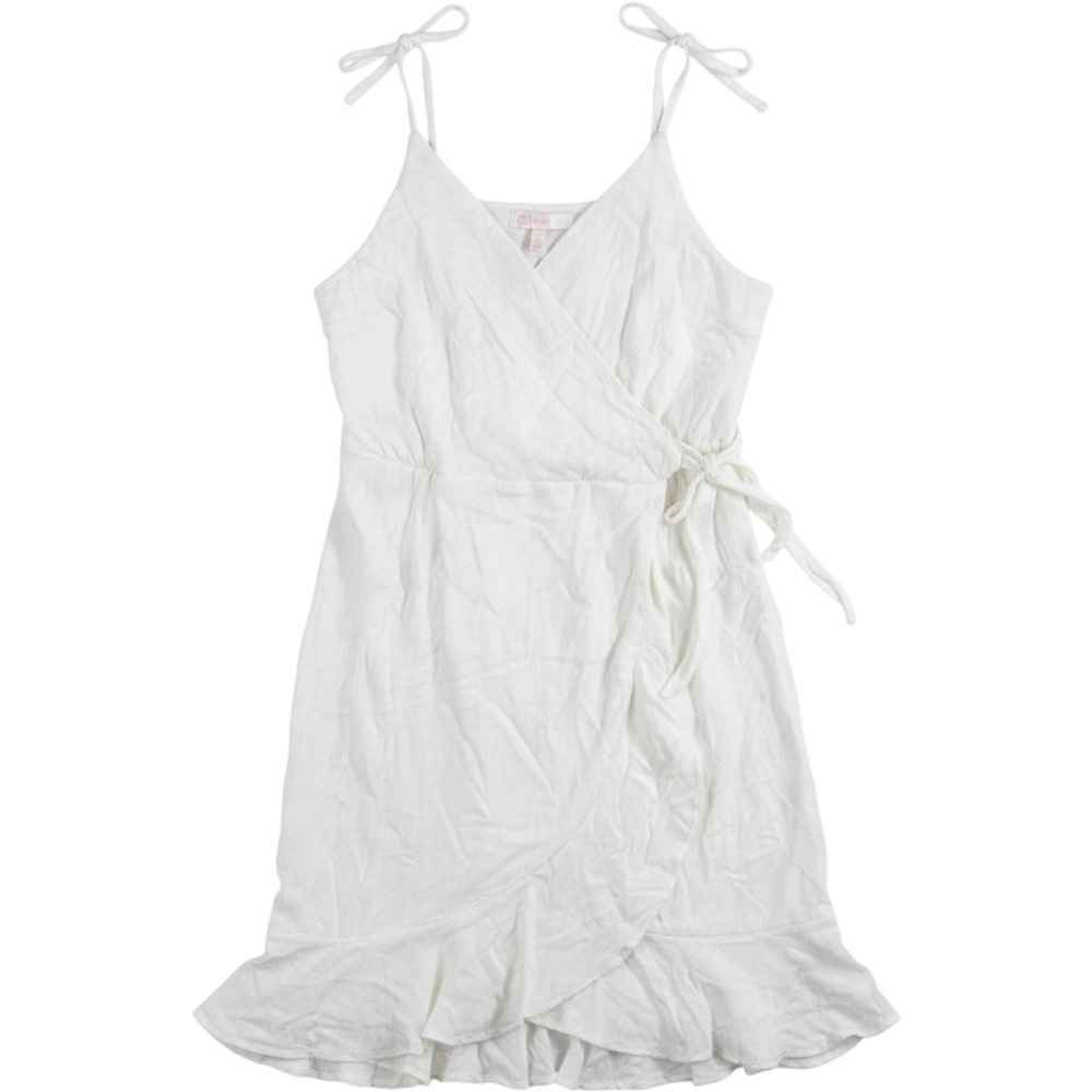 NEW GB Girls White Linen Blend Ruffle Hem Wrap Dress SzM Sleeveless Side Tie NWT
